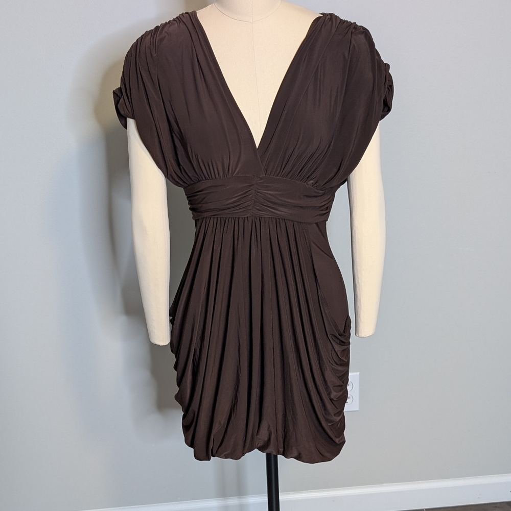 TRUE LIGHT Brown V-Neck Ruched Mini‎ Dress Size Large